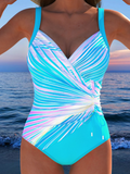 NEW Retails $56, MODLILY® Drawstring Tropical Plants Print Cyan One Piece Swimwear, Sz L