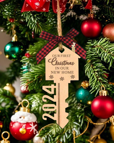 NEW 1pc Our First Christmas in Our New Home 2024 Wood Key Christmas Ornament for Housewarming Gift Christmas Tree Holiday Decoration