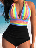NEW Retails $53, MODLILY® Tie Rainbow Print One Piece Swimwear, Sz L