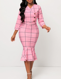 NEW Women's Pink Plaid Belted Button Mermaid Dress, Sz L