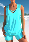 NEW Retails $100, MODLILY® Lace Patchwork Cyan Cross Strap Tankini Set, Sz XXL