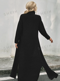 NEW SHEIN LUNE High Neck Drop Shoulder Split Hem Wrap Longline Sweater Without Belt, Black, Sz L