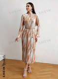 NEW SHEIN Modely Pleated Tie-Dye Ruffled Sleeves Metallic Belt Dress, Orange, Sz M