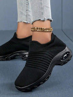 NEW Retails $75+ Women's Breathable Knit Chunky Sneakers, Casual Slip On Air Cushion Shoes, Lightweight Low Top Sock Shoes, Pure Black, Sz 6