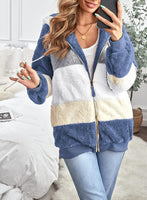 New Women's Ultra soft & cozy Faux Fur Fleece Coat Hooded Color Block Patchwork Zip up Sweater Sz XXL!