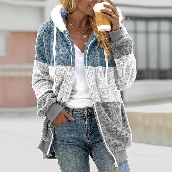 New Women's Fashion Warm Faux Fur Casual Long Sleeve Zippered Cozy Color Block Hooded Sweater Jacket Sz M, Blue/Ivory/Grey