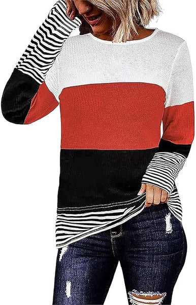 New Women's Long Sleeve Color Block T-Shirt Striped Round Neck Fall Classic Tunic Tops Fashion Basic Loose Fit Casual Blouse, Red, Sz M