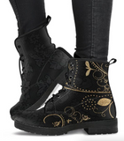 New Retails $199+ Women's Combat Boots with Gold Leaf Pattern Floral Green Black Vegan Leather (38) Sz 7.5