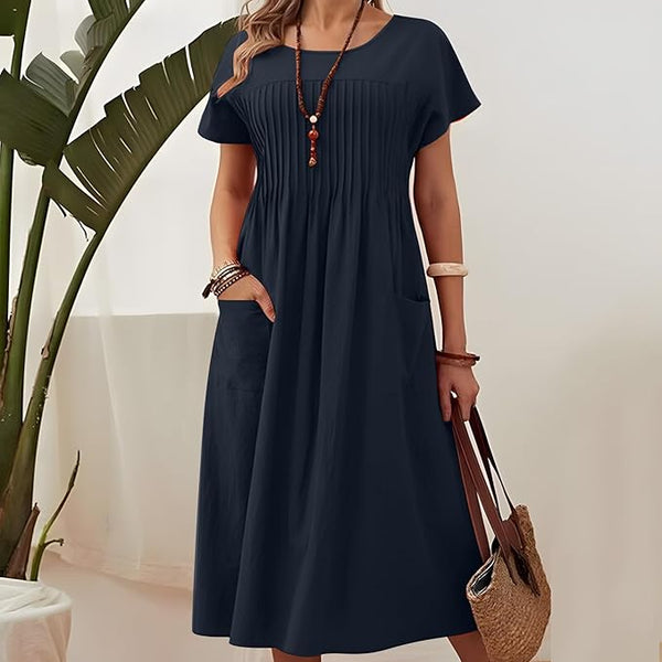 New Women's Casual Cotton Linen Summer Dress Round Neck Short Sleeve Pleated Midi Dress with Pockets Navy Sz M