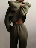New Women's Army Green Cozy Fleece-Lined Hoodie & Jogger Set - Women's Casual Solid Color Long Sleeve with Pockets, Machine Washable for Spring/Fall Comfort Sz L