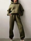 New Women's Army Green Cozy Fleece-Lined Hoodie & Jogger Set - Women's Casual Solid Color Long Sleeve with Pockets, Machine Washable for Spring/Fall Comfort Sz L