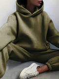 New Women's Army Green Cozy Fleece-Lined Hoodie & Jogger Set - Women's Casual Solid Color Long Sleeve with Pockets, Machine Washable for Spring/Fall Comfort Sz L