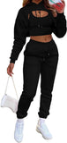 New Vssjavun Women's Sexy 3 Piece Tracksuits - Long Sleeve Pullover Crop Top Hoodie +Tank Top+Drawstring Long Pants Sweatsuit Black, Sz XL