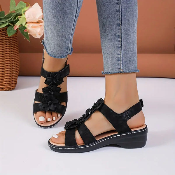 New Women's Black Floral Casual Slingback Wedge Sandals, Comfortable Walking Sandals, Sz 7