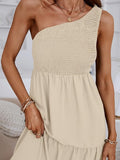 New CUPSHE Women's Summer One Shoulder Dress Flowy Swing Tiered Smocked Fitted Sleeveless Maxi Dress Light Beige Sz L