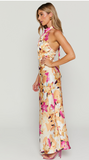 NEW STUNNING CYRA MIDI DRESS - HALTER NECK SATIN BIAS DRESS IN PINK FLORAL SZ M! RETAILS $110+
