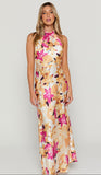 NEW STUNNING CYRA MIDI DRESS - HALTER NECK SATIN BIAS DRESS IN PINK FLORAL SZ M! RETAILS $110+