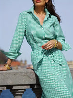 NEW Green Plaid Print Midi Dress, Elegant Button Front Long Sleeve Dress, Women's Clothing, Sz L, Retails $75