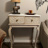 NEW Assembled 43 inch Tall Ophelia & Co. Martyn 2 Drawer Mango Wood Console Table with Floral Carved Front, Brown and White, Retails $323+
