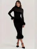 NEW Faux Fur Trim Corset Fit Dress, Stylish Bustier Semi-sheer Mock Neck Long Sleeve Dress, Women's Clothing, Sz S, Retails $50