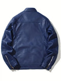 NEW Retails $79, Men's Vintage Look Cycling Jacket With Zipper Pocket, Casual Stand Collar Windproof Zip Up Comfy Jacket For Outdoor, Soft Faux Leather, Blue, Sz XL