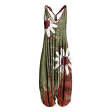 Womens Jumpsuits Casual Boho Print Romper Wide Leg Pleated Playsuit Strappy Sleeveless Onesie Harem Long Pants, Green, Sz L