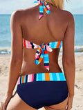 NEW Women's Striped Halter Neck Bikini Set, Polyester 82% Spandex 18% Knit Fabric, High Stretch Side Laced Bottom Swimwear, Sleeveless Lace-up Swimming Bathing Suit, Sz XL