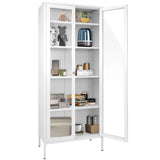 New in box! Wayfair Dalziel 27.6'' Wide 4 - Shelf White Powder Coated Stainless Steel & Tempered Glass Storage Cabinet in White! Retails $350+