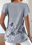 New Dark Grey Patchwork Floral Print Short Sleeve Top, Sz XL! Retails $62+