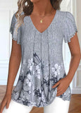 New Dark Grey Patchwork Floral Print Short Sleeve Top, Sz XL! Retails $62+