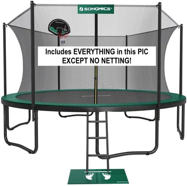 NEW Retails $350+ SONGMICS Trampoline, 15 ft Outdoor Trampoline for Kids Adults with Basketball Hoop, Safety Enclosure, Inner Net, Ladder, Spring Cover Pad, Max. Load 209 lb, Green and Black No Netting, Slight Scuffs on Metal Bars from Transport
