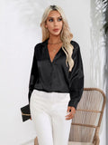 NEW Solid Lapel Blouse, Elegant Button Front Satin Long Sleeve Blouse, Women's Clothing, Sz XL, Black! Retails $60