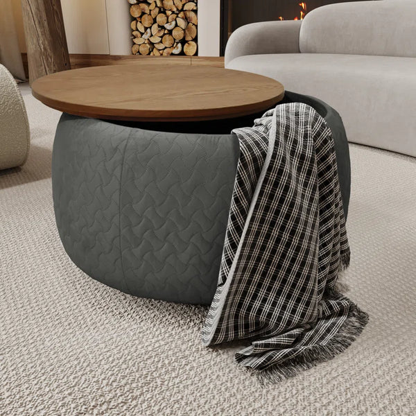 NEW Wayfair Ebern Designs Upholstered Ottoman Coffee Table With Inside Storage Grey With Wooden Top 26’’ X 16’’, top has 2 small scuffs on edge shown in pics, Retails $270+
