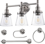 New DEWENWILS Bathroom Light Fixtures, 5-Piece All-in-One Bathroom Light Set, 3 Light Brushed Nickel Bathroom Vanity Light with Glass Shades, Towel Bar, Towel Ring, Robe Hook, Toilet Paper Holder