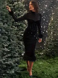 NEW Faux Fur Trim Corset Fit Dress, Stylish Bustier Semi-sheer Mock Neck Long Sleeve Dress, Women's Clothing, Sz S, Retails $50