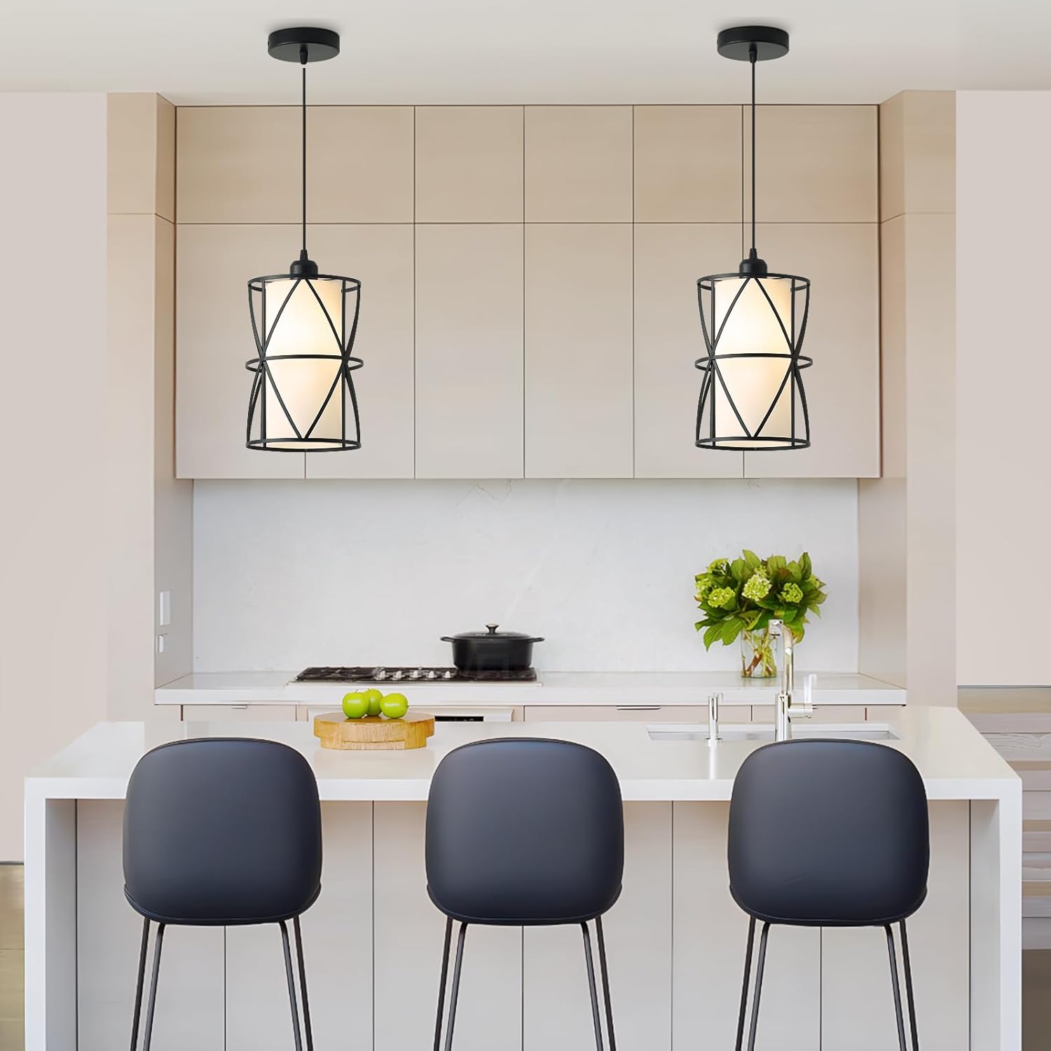 New Retails $140+ Dnshjue Black Pendant Lights for Kitchen Island，Modern Pendant Lighting with Frosted Glass Cylindrical Pendant Light Fixtures Kitchen Hanging Lights Over Island Dining Room, Foyer, Entryway (2 Pack)