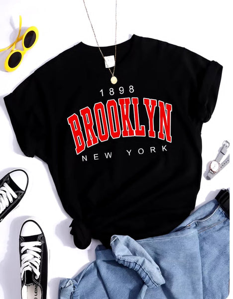 NEW Women's 1898 Brooklyn New York Print T-shirt Loose Casual Individual T-shirt Hipster Short Sleeve T-shirt Creativity Summer T-shirt, Sz M, Black with Red Lettering