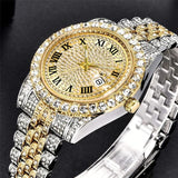 NEW Retails $85 Two Tone Crystal Men's Watch Round Gold Dial Black Roman Numeral Hours with Date Indicator on matching Two Tone Crystal Linked Band New!