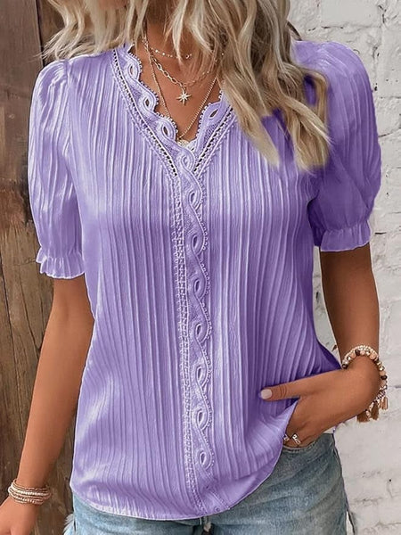 NEW Women's Casual Lace Short Sleeve Elegant Cut-Out V Neck Shirt (S, Purple)