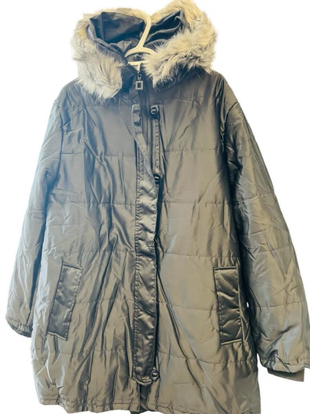 New Women's 3/4 Length Puffer Jacket with Faux Fur trim Hood, Black, Sz XXL