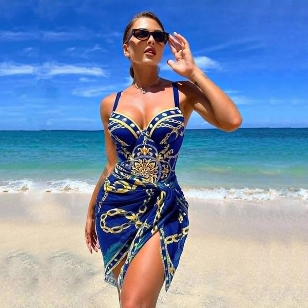 NEW Sz L One Piece Swimsuit With Beach Skirt V Neck Swimwear Women Beachwear Bathing