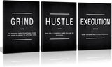 NEW of 3 Canvas Painting Wall Art, Grind Hustle Execution Motivational Wall Art Decoration Posters Prints for Living Room Bedroom, Office Decor, Gallery-Wrapped Canvas Art Set of 3 Framed Ready to Hang, 12x16in Each Canvas