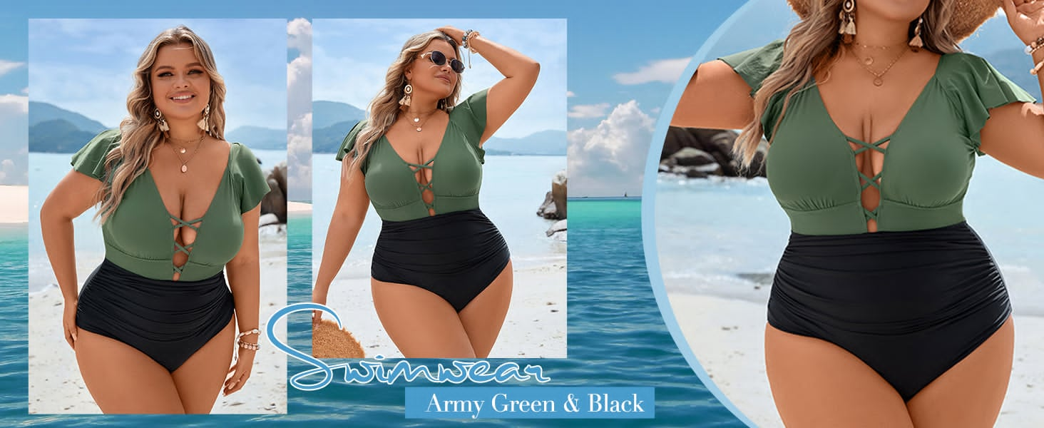 NEW Retails $55 Blooming Jelly Women's Plus Size One Piece Swimsuit Tummy Control Bathing Suit Vintage V Neck Swimwear, Olive Green and Black, Sz 4X