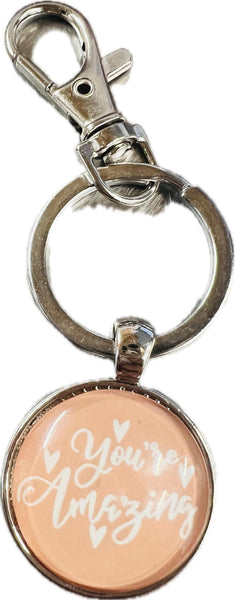 New Thank you Inspirational Clip Keychain Coral, Silver "You're Amazing"