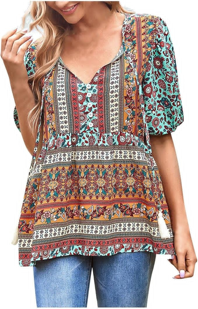 NEW Boho Tops for Women Floral Print V Neck Lantern Short Sleeve Summer Shirts Tops Casual Loose Tassel Boho Blouses Sz M, Sky Blue