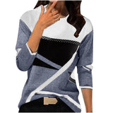 NEW BELLZELY Long Sleeve Tops for Women Clearance Trendy Casual O-Neck Stitching Contrast Color Long Sleeve T-shirt Blouse Ivory/Grey Sz L