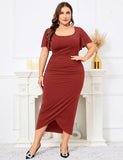 NEW Retails $71 ZOMVA 4 Way Stretch Plus Size Cocktail Dress Comfortable Bell Sleeves Wedding Guest Square Neck Semi Formal Sz 1X, Red Wood