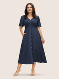 NEW Bloomchic V Neck Button Detail Flutter Sleeve Dress Plus Size 28, Navy