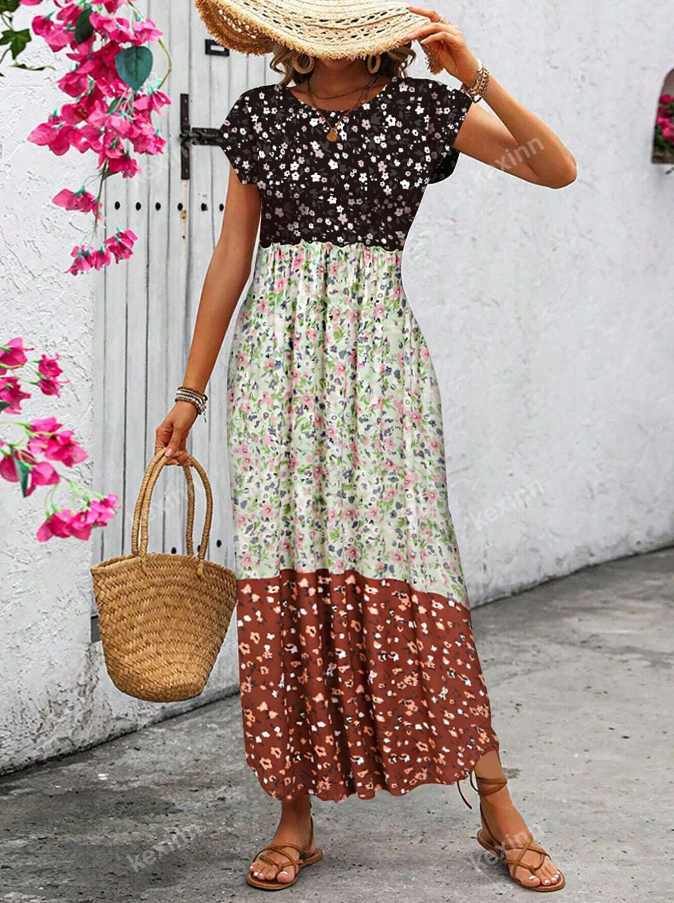 NEW Short-sleeve women's dress printed with a floral pattern Sz Large