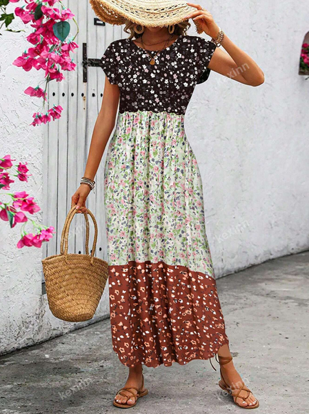 NEW Short-sleeve women's dress printed with a floral pattern Sz Large